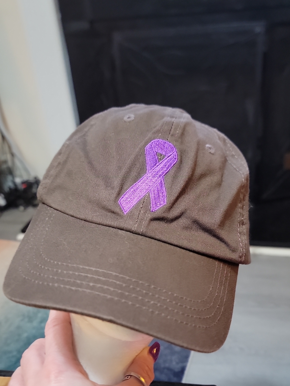 Women’s Brown Baseball Cap with Purple Ribbon Embroidery